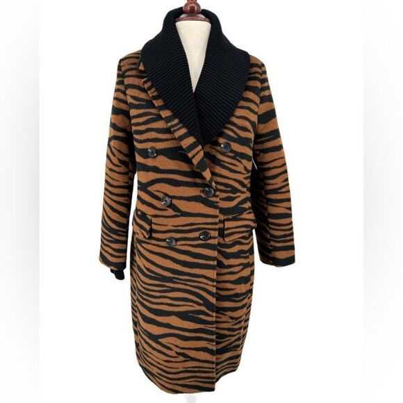 NWT Dolce Cabo Double Breasted Coat with Removable Knit Collar Brown Zebra Small - Picture 1 of 9
